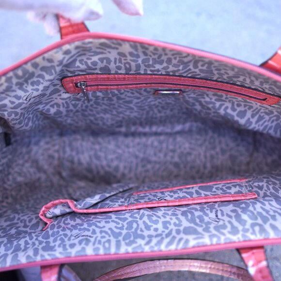 Guess Y2K Patent Croc Tote Bag Pink Beige Large Logo Glam Shoulder Bag - Picture 10 of 11